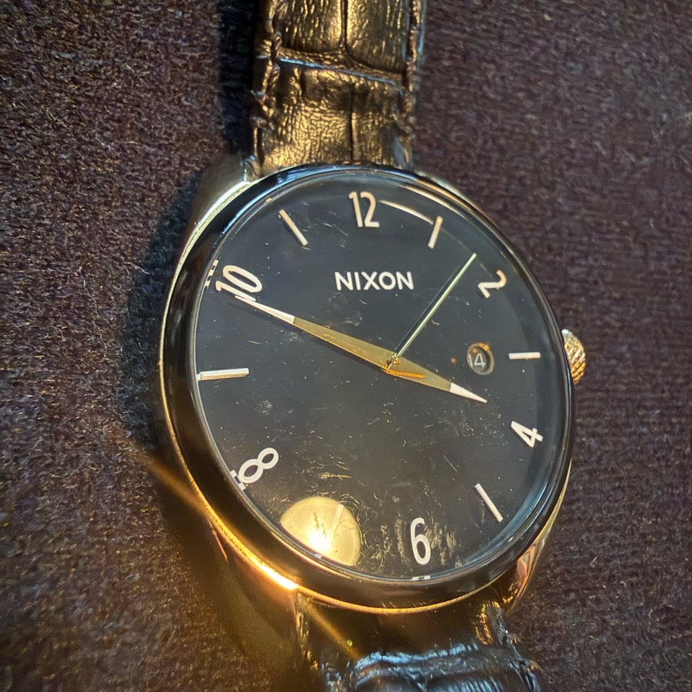 Nixon Gold and Black Leather Watch - Picture 2 of 8